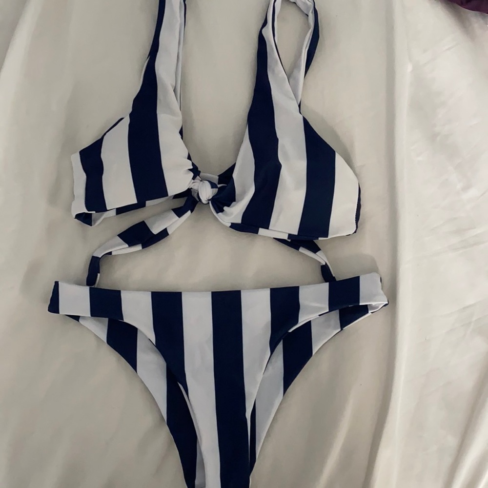 Zaful navy blue striped tie bikini